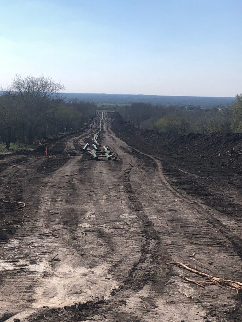 A dirt road with trees in the background